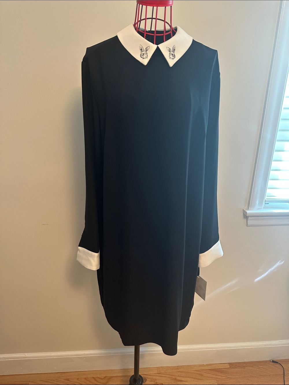 Black Shift Dress with White Collar and Cuff Detail